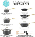 Martha Stewart Lockton 14 Piece Premium Non-Stick Heavy-Gauge Aluminum Cookware Combo Set (Pots, Pans, and Tools) - Black w/Gold Handles