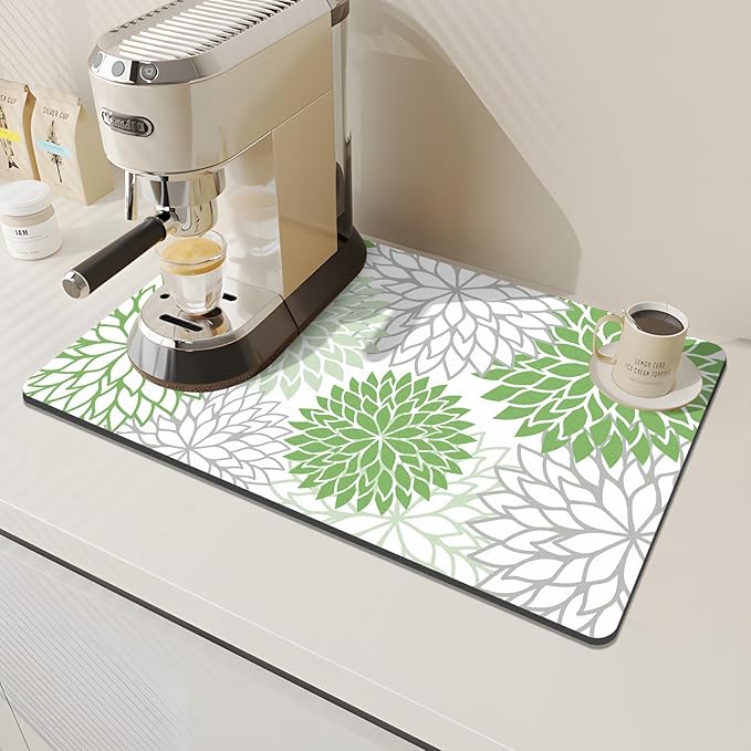 Findosom 2PCS 12" x 20" Dish Drying Mat & 24" x 5.5" Sink Splash Guard, Super Absorbent & Cuttable Dish Mat Drying Kitchen Mat with Green Floral, Hide Stain Drying Mat for Kitchen Counter