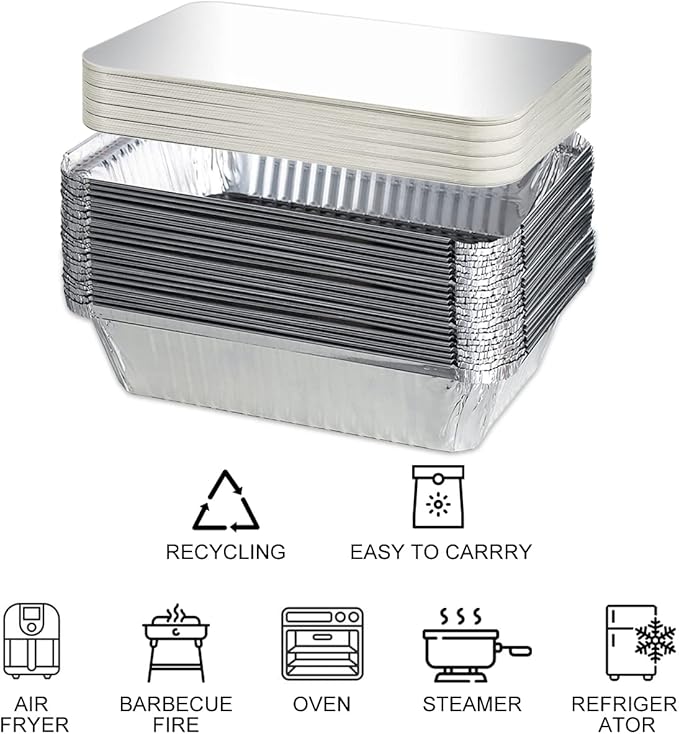 MOACOCK 50 Pack Aluminum Pans with Lids(8.5"×6"), 2.25lb Foil Pans with Board Lids, Disposable Take Out Food Containers, Foil Pans for Meal Prep Freezer Cooking Baking