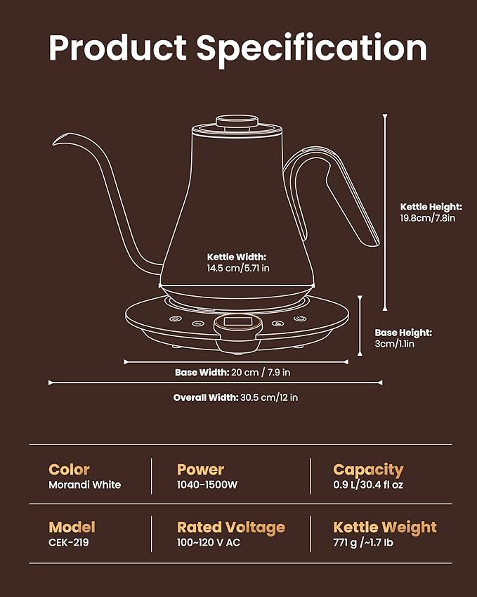 INTASTING Gooseneck Electric Kettle, ±1℉ Temperature Control, Stainless Steel Inner, Quick Heating, for Pour Over Coffee, Brew Tea, Boil Hot Water, 1500W/0.9L (Morandi White)