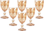 Vintage Wine Glasses Set of 6, 10 Ounces Colored Glass Water Goblets, Unique Embossed Pattern High Clear Stemmed Glassware Wedding Party Bar Glass Drinking Cups Floral Amber