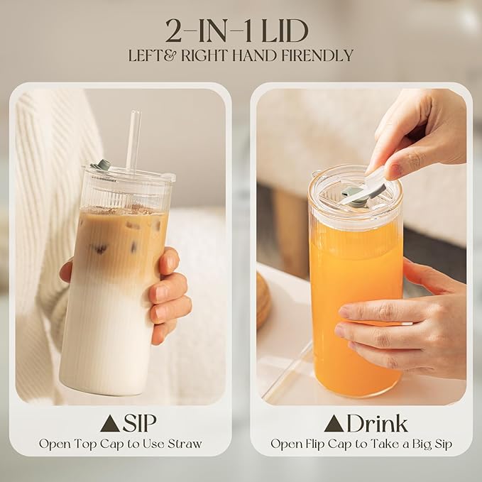 KEMORELA 6-Pack 18oz Ribbed Glass Cups with Lids & Straws – Round Textured Drinking Glasses for Iced Coffee, Bubble Tea, Juice & Smoothies – Reusable Clear Tumblers with Leakproof Lids & Straws