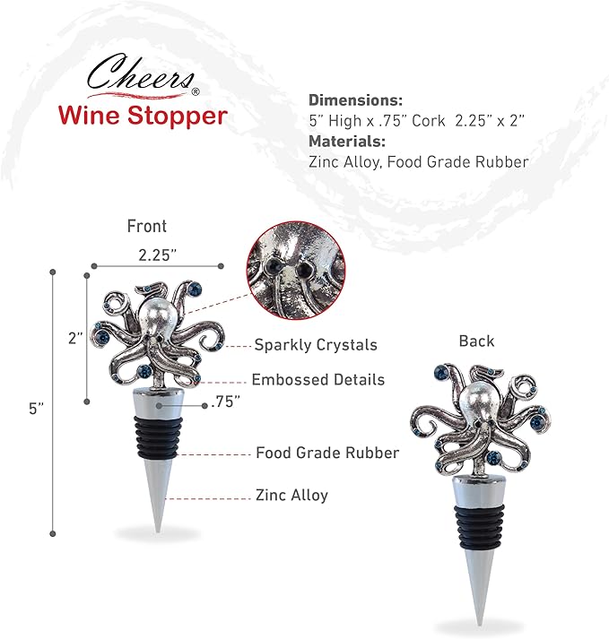 Cheers Octopus Metal Wine Stopper - Elegant Vacuum Seal Reusable Animal Ocean Life Wine Bottle Stopper Airtight Leak Proof Bottle Topper Cork Plug, Cute Home Decor & Bar Tool Accessory Unique Gift