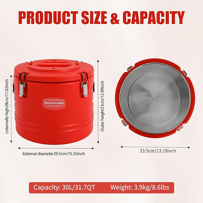 Insulated Soup Container 7.9 Gallon Commercial Food Warmer for Hot&Cold Food, Hot Box for Catering, Food Cooler Soup Carrier for Restaurant, Canteen 6H Insulation Time