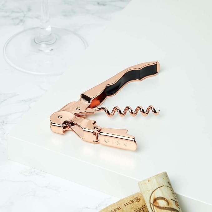 Viski Summit Double Hinged Waiters Corkscrew Wine Opener with Foil Cutter, Durable Stainless Steel with Built-in Bottle Opener for Beers and Soft Drinks, Home Bar, Kitchen, Travel, Set of 1, Copper