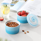 vancasso 8 oz Ramekins with Lid, Porcelain Creme Brulee Souffle Dishes, Blue Pudding Custard Cups Ramiken for Baking, Dishwasher and Oven Safe, Set of 6