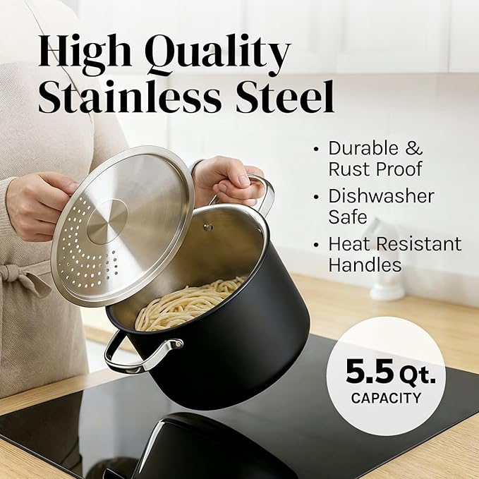 Cooler Concepts Pasta Pot with Strainer Lid - 5.5 Quart Large Spaghetti Pot - Twist & Lock for Easy Drain & No Colander Or Strainer Basket Insert Needed - Dishwasher Safe Pots