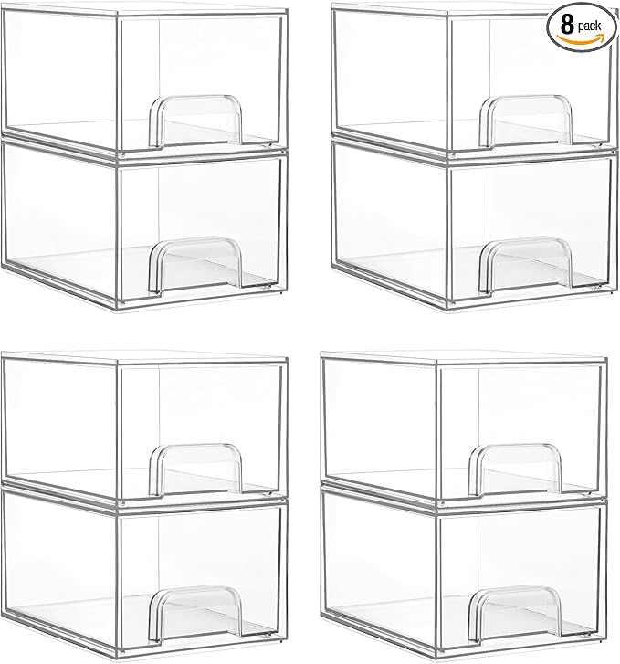 Vtopmart 8 Pack Small Clear Stackable Storage Drawers,Acrylic Bathroom Makeup Organizer,Plastic Storage Bins For Vanity, Undersink, Kitchen Cabinets, Pantry, Home Organization