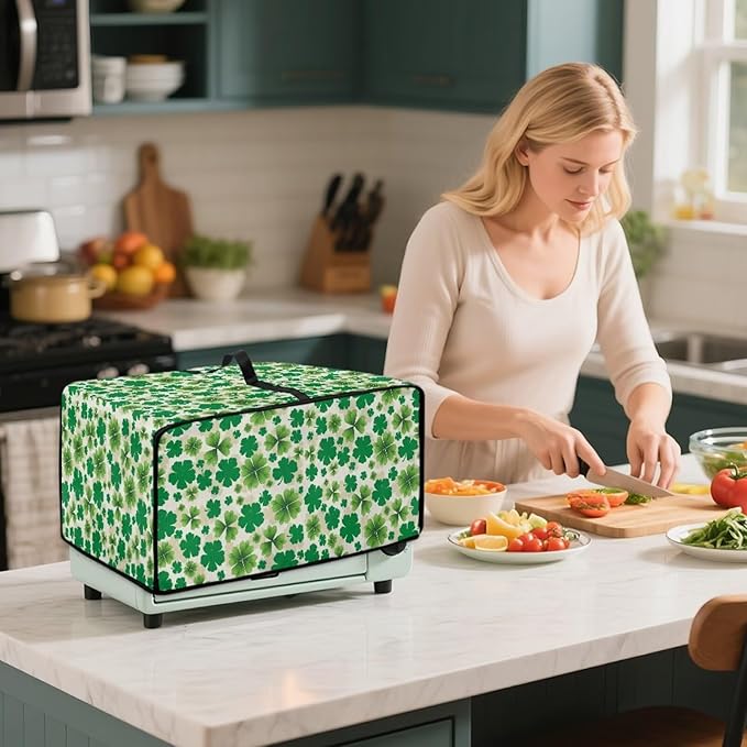 Four Leaf Clover Print St. Patrick's Day Toaster Oven Cover Anti Scratch Microwave Cover for Kitchen Countertop Appliance Dust Protector Decorative Oven Accessories, Green, L