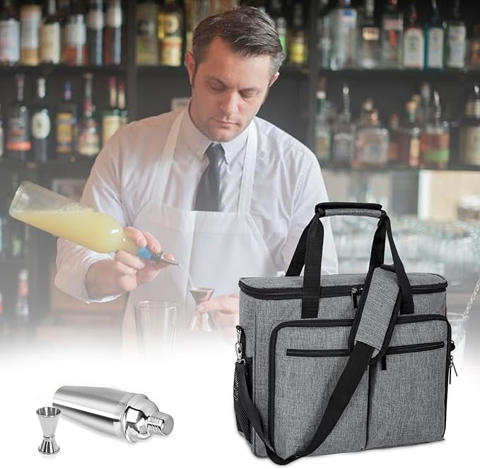 Bartender Bag, Bartender Kit Travel Bag for Cocktail Shaker Set, Portable Carrying Case with Compartments for Wine Bottles, for Travel Home Indoor Outdoor Party(Bag Without Tools)