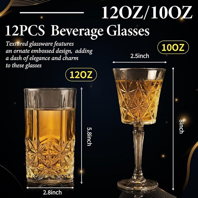 Uiifan 12 Pcs Drinking Glassware Set 6 Highball Glasses 12 oz 6 Glass Goblets 10 oz Crystal Glassware Set Clear Fancy Cups Vintage Textured Designer Cup for Cocktail Tea Water Beer Soda Dishwasher