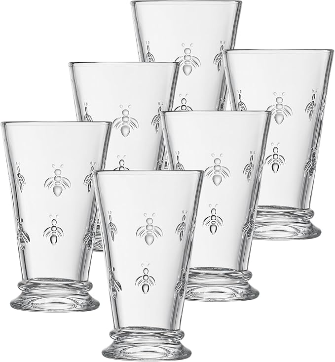 French Bee Highball Glasses | Set Of 6 | Clear Drinking Glass 13 OZ, Old Fashioned Glasses with Bees Embossed Design, Fine Crystal French Glassware, Drinking Glasses, Heavy Water & Juice Glasses Gift