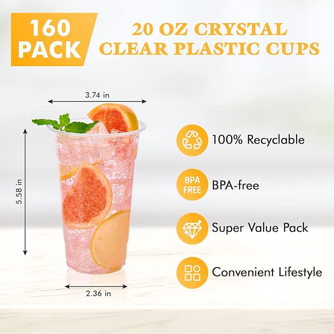 Vplus 160 Pack 20 OZ PET Clear Plastic Cups with Lids, 20 OZ Crystal Cold Disposable Drinking Plastic Cups with Flat Lids, Perfect for Ice Coffee, Smoothie, Juice