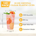 Vplus 160 Pack 20 OZ PET Clear Plastic Cups with Lids, 20 OZ Crystal Cold Disposable Drinking Plastic Cups with Flat Lids, Perfect for Ice Coffee, Smoothie, Juice