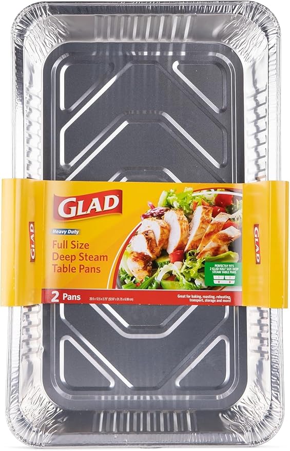 Glad Disposable Full Size Aluminum Steam Pans, Deep Heavy Duty Foil Pans for Steaming, Baking, Roasting, Catering & Oven Reheating, Fits 2 Half Pans, 20.5 x 12.5 x 2.75 Inch, 2 Count