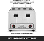 Waring Commercial WCT805B 4-Slice Heavy Duty Commercial Pop-Up Toaster, 208/240V, 2028/2700W, 6-20 Phase Plug, Silver, 10.5 x 11.5 x 9 inches