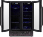 NewAir 24" Dual Zone Wine and Beverage Refrigerator, 18 Bottle & 58 Can, French Door Built-In Fridge with Lock, Black Stainless Steel Cooler, Digital Thermostat, Adjustable Shelves