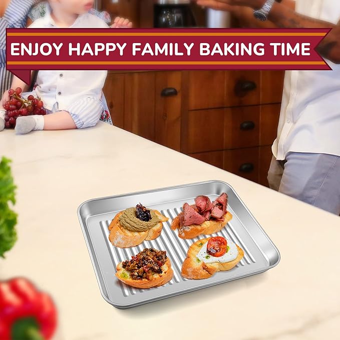 P&P CHEF 9 x 7 x 1 Inch Mini Toaster Oven Pan, Stainless Steel Small Baking Pan Oven Tray for Cooking & Roasting, Corrugated Bottom, Healthy & Sturdy, Dishwasher Safe - 1Pc