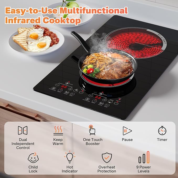 2 Electric Burner, 2000W Plug in Portable Cooktop, 110V Countertop Stove, Built-in Ceramic Hot Plate Dual Burner with 9 Power Levels, Timer, Safey Lock, Compatible with ALL Cookware