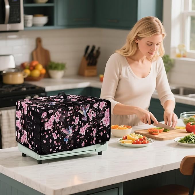 Hummingbird Cherry Blossom Print Toaster Oven Cover, Heat-Resistant Toaster Cover Dust-Proof Microwave Oven Protector, Protections for Kitchen, Black, (Medium-16.1*19.71*10 inches)