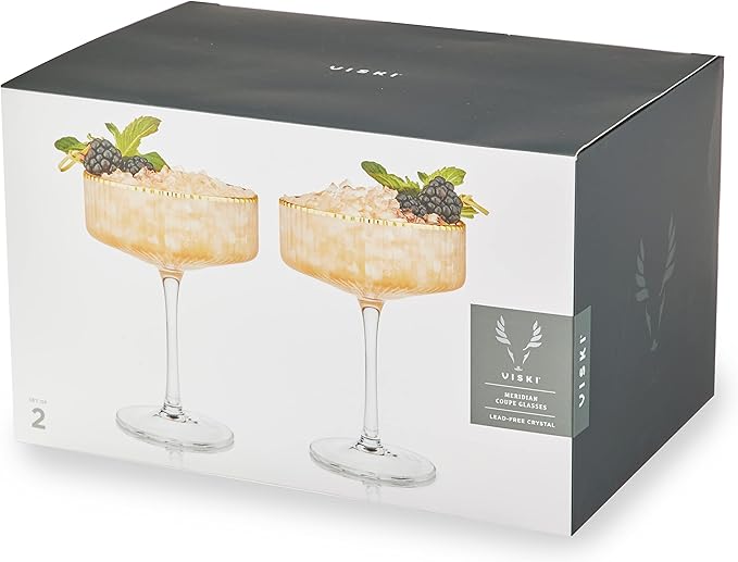 Viski Meridian Vintage Coupe Glasses, Art Deco Champagne Coupe Glassware, Gold Rimmed Stemmed Drinkware Set of 2, 11.5 oz