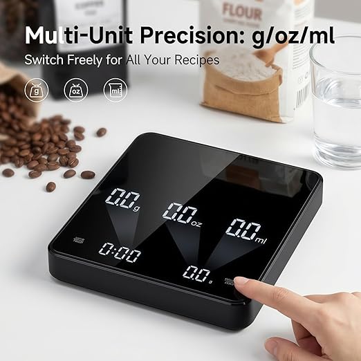 Partyreal Digital Kitchen Coffee Scale, Slim Food Scale with Tare and g/oz/ml Units, Backlit Display, USB-C Rechargeable with AAA Backup, 3kg, Black