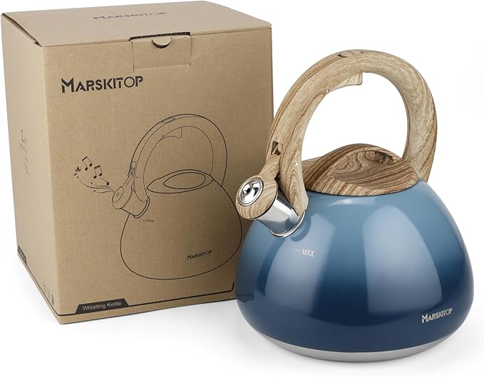 MARSKITOP Tea Kettle Stovetop Whistling Tea Pots for Stove Top Food Grade Stainless Steel Teapot for Induction Cooktop, 2.6 Quart, Blue