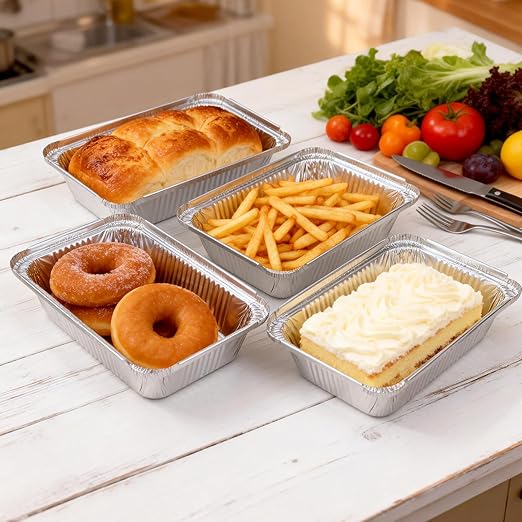 Aluminum Pans with Lids (100-Pack, 8.5"×6") 2.25 LB Capacity Foil Food Containers with Lids - 100 Pans and 100 Clear Lids - Disposable Tin Foil Pans - for Baking, Meal Prep and Freezer, Takeout