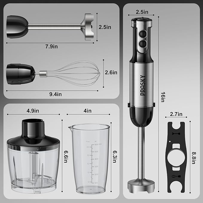 Immersion Blender Handheld Hand Blenders, 20 Speed & Turbo Mode Hand Held Blender, Heaviest Duty Copper Motor, Stainless Steel Blades, Milk Frother Wand, Whisk, 600ml Beaker, 500ml Chopper (Black)