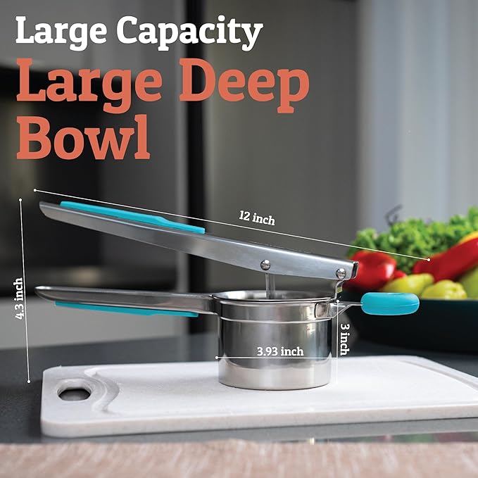 PriorityChef Large 15oz Potato Ricer, Heavy Duty Stainless Steel Potato Masher and Ricer Kitchen Tool, Press and Mash Kitchen Gadget For Perfect Mashed Potatoes - Everytime, Silver and Turquoise