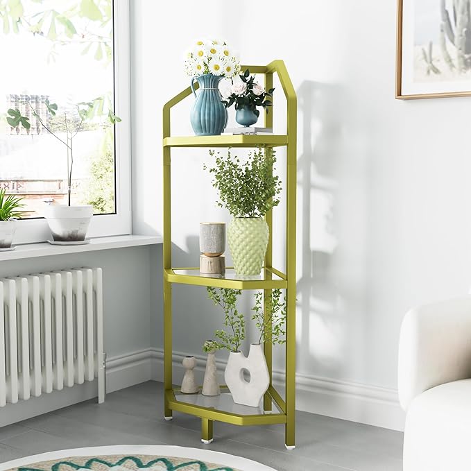 3-Tier Corner Shelf Stand, Gold Corner Bookshelf, Bathroom Storage Rack Shelf, Plant Rack, Tempered Glass, Steel Frame, Modern Style for Living Room, Bathroom, Kitchen, Metallic Gold
