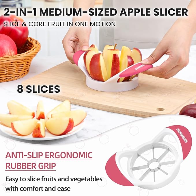 SCHVUBENR 3.5 Inch Apple Slicer - Professional Apple Cutter - Stainless Steel Apple Corer - Super Sharp Apple Slicer and Corer - Apple Tool with 8 Sharp Blades(Pink)