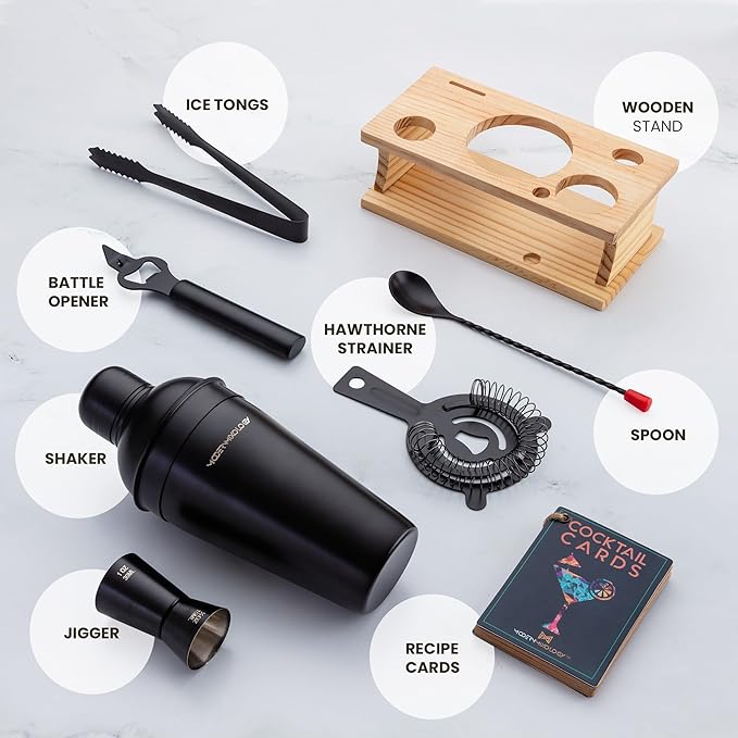 Modern Mixology Cocktail Shaker Set - 8 Piece Bartender Kit on Quality Pine Stand | Complete Cocktail Kit Gift Set | Top Bartender Gifts for Men | Leak Proof Design (Black)