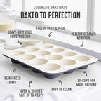 GreenLife 12-Cup Muffin Pan, PFAS-Free Healthy Nonstick Baking Tray, 11.4" x 1.9" x 15.9", Durable Ceramic Bakeware, Cupcakes, Egg Bites, Tarts, Brownies, Black