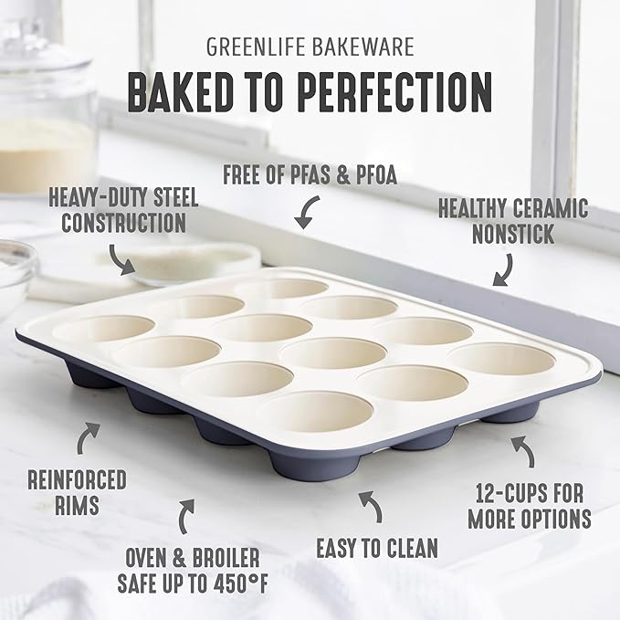 GreenLife 12-Cup Muffin Pan, PFAS-Free Healthy Nonstick Baking Tray, 11.4" x 1.9" x 15.9", Durable Ceramic Bakeware, Cupcakes, Egg Bites, Tarts, Brownies, Black