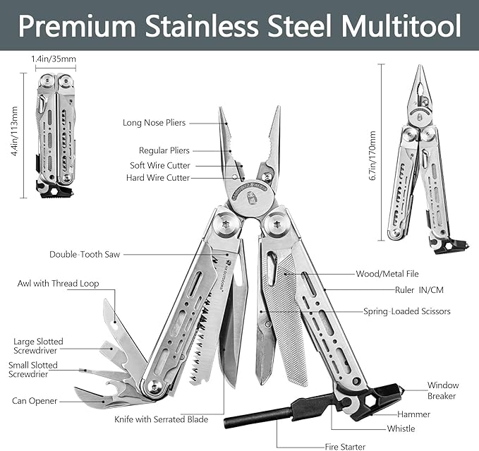 HX OUTDOORS 19 In 1 Multi Tool Pocket Knife Set, Stainless Steel Multitool Pliers with Fire Starter and Glass Breaker, Folding EDC Camping Survival Tools for Men (Silver)