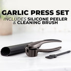 Zulay Kitchen Premium Garlic Press Set – Rust Proof & Dishwasher Safe Garlic Mincer Tool with Silicone Garlic Peeler & Brush, Easy Squeeze & Clean, Ergonomic Soft Grip Handle - Medium – Dark Gray