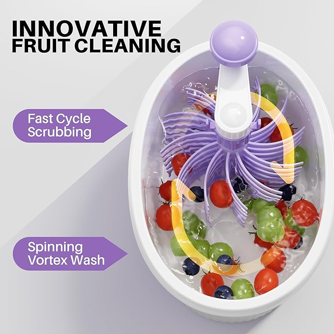 JOYMOOP Fruit Washer Spinner, Fruit Cleaner Spinner with Crank Handle, Hands-Free Fruit & Vegetable Washing Bowl, Manual Fruit Scrubber, No Electricity, Apricot Beige