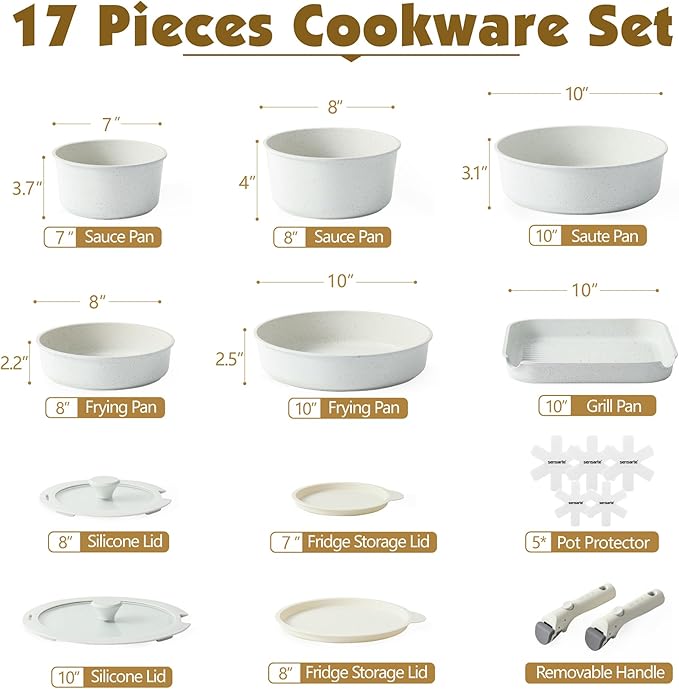 SENSARTE 17 Piece Pots and Pans Set, Nonstick Detachable Handle Cookware Set, Induction Kitchen Cookware Set with Removable Handle, Healthy Non Stick for RV, Dishwasher ＆ Oven Safe, PFOA Free (White)