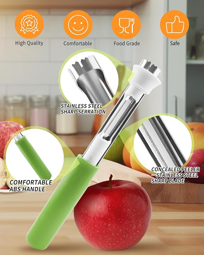 2 in 1 Apple Corer and Peeler Tool, Fruit Vegetable Corer and Peeler Tool Stainless Steel Apple Peeler Apple Corer Remover Tool Multifunction Corer Tool for Vegetable Fruit Kitchen Gadget (Green)