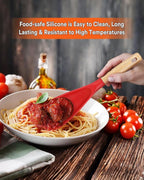 Cooking Spoon for Nonstick Cookwares, Great for Cooking and Serving Sturdy BPA-Free Matte Silicone, Wood Handle Spoon for Mixing, Scoop, and Scrape (Black & Red, 11.4 inch)