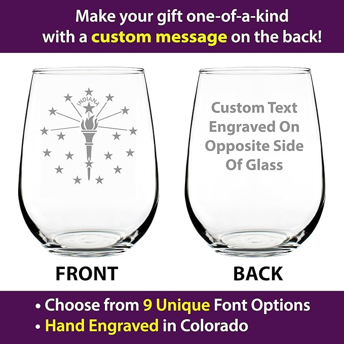 Custom Indiana Flag Personalized Stemless Wine Glass - State Themed Drinking Decor and Gifts for Indianan Women & Men - Large 17 Oz Glasses - Customized Wine Glass Gift