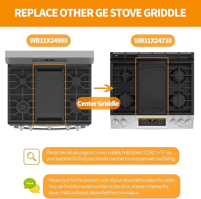 Upgraded WB31X24738 WB31X49806 Griddle Replacement Parts for GE Gas Stove Cast Iron Griddle Plate WB31X24998 General Electric Range StoveTop Cooktop Center Griddle Stove Burner Middle Flat Top Pan