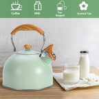 Tea Kettle Stovetop, 2.6 Quart cute teapot,loud whistle kettle, Food Grade Stainless Steel with Fold wood grain handle, Mint Green,With Anti Scald Towel