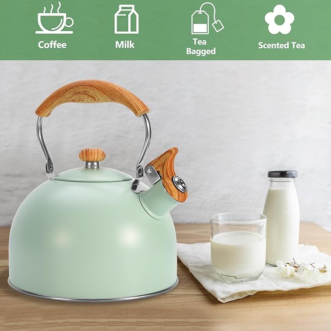 Tea Kettle Stovetop, 2.6 Quart cute teapot,loud whistle kettle, Food Grade Stainless Steel with Fold wood grain handle, Mint Green,With Anti Scald Towel