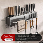 New Multi-Functional Kitchen Rack Home Wall-Mounted Knives Chopstick and Spoon Storage Rack Punch-Free cookware draining Rack, 50, Black