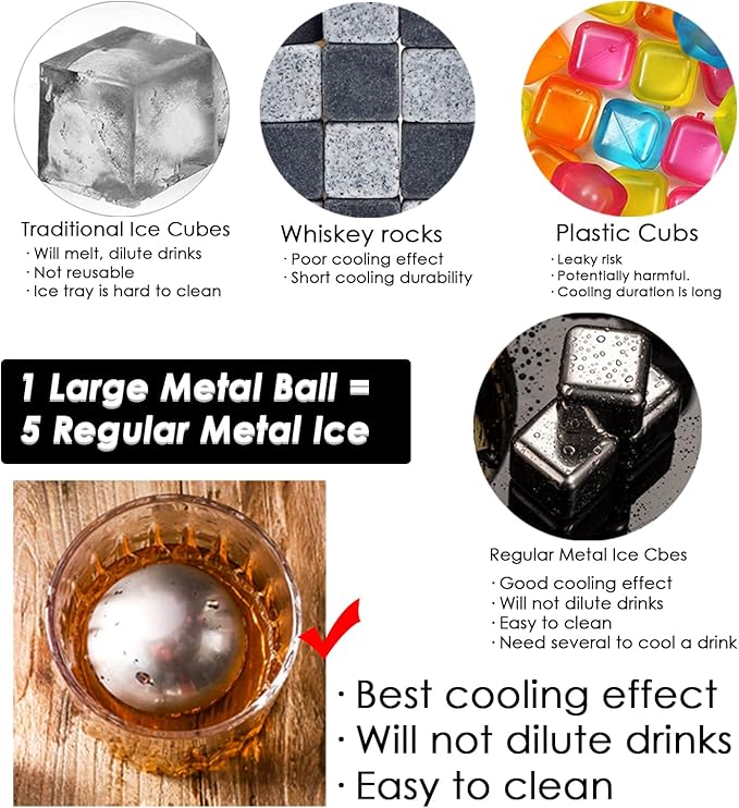 Whiskey Stone 8PCS, Reusable Metal Ice Cubes, XL Large Stainless Steel Whiskey Stone, Refreezable Ice Ball Set with Storage Case, Ice Rocks Wine Chiller Bulk Bar Tool Set