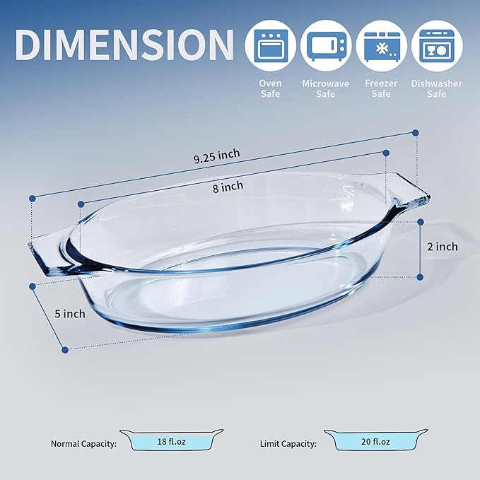 Small Casserole Dishes Oval 2 Pack, 23oz Glass Au Gratin Baking Dish, Individual Oval Baking Pan for Oven Microwave Air Fryer, 1 or 2 Person Servings, Bakeware Clear Prep Bowls with Handle