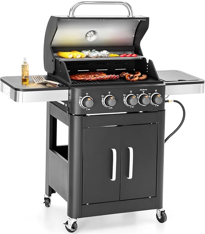 Sophia & William 4-Burner Gas BBQ Grill with Side Burner & Porcelain-Enameled Cast Iron Grates, Outdoor Cooking Propane Grills Cabinet Style Garden Barbecue Grill, 46,700BTU, Black