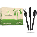 Ecovita 100% Compostable Forks Spoons Knives Cutlery Combo Set - 380 Large Disposable Utensils (7 in.) Eco Friendly Durable and Heat Resistant Alternative to Plastic Silverware with Convenient Tray